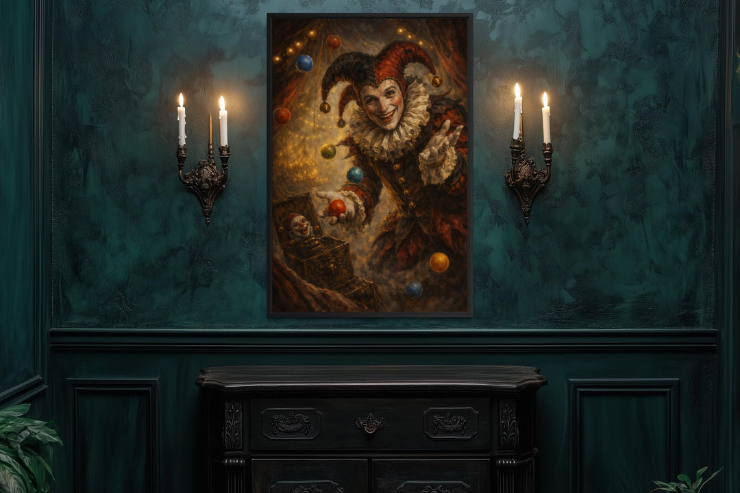 Gothic jester canvas print in a black frame centered on a dark teal wall between candle sconces.
