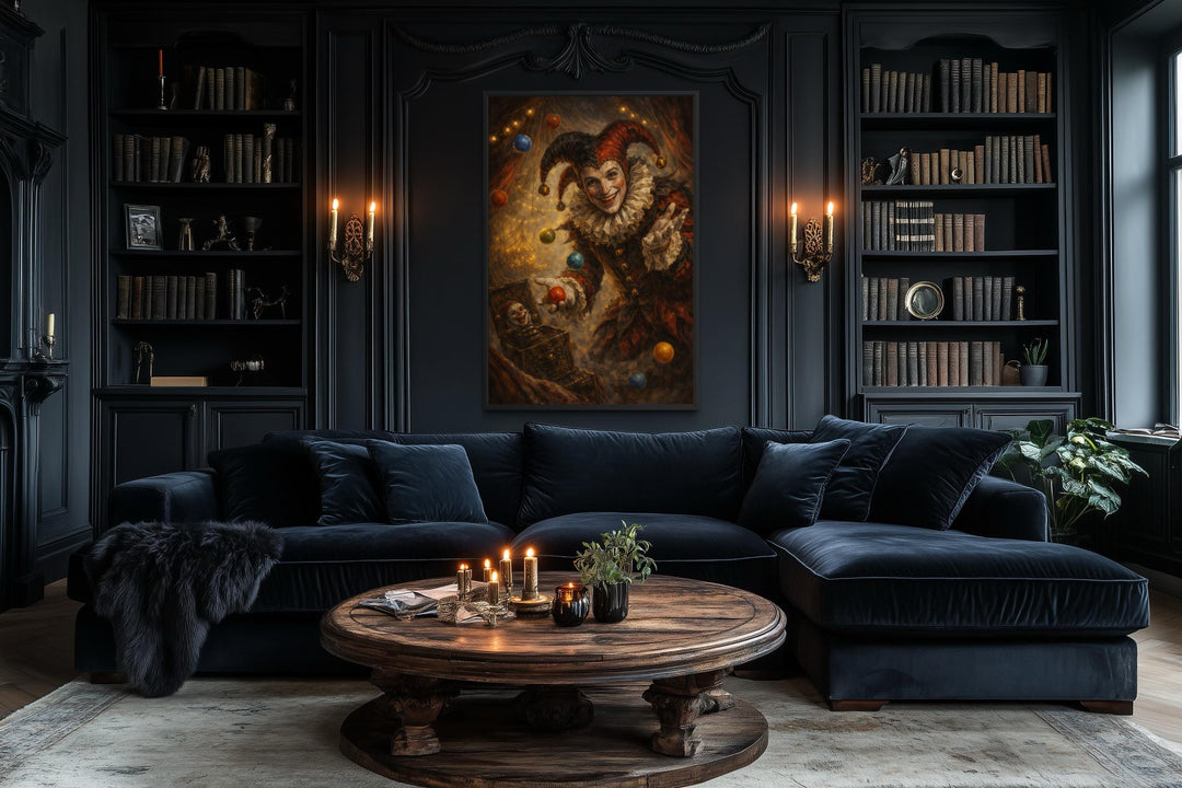 Gothic jester canvas print featuring a dark circus joker displayed in a moody, black-walled library.