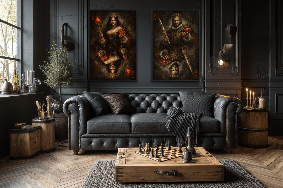 Gothic King and Queen of Hearts wall art set of two canvas prints in a dark, moody living room.