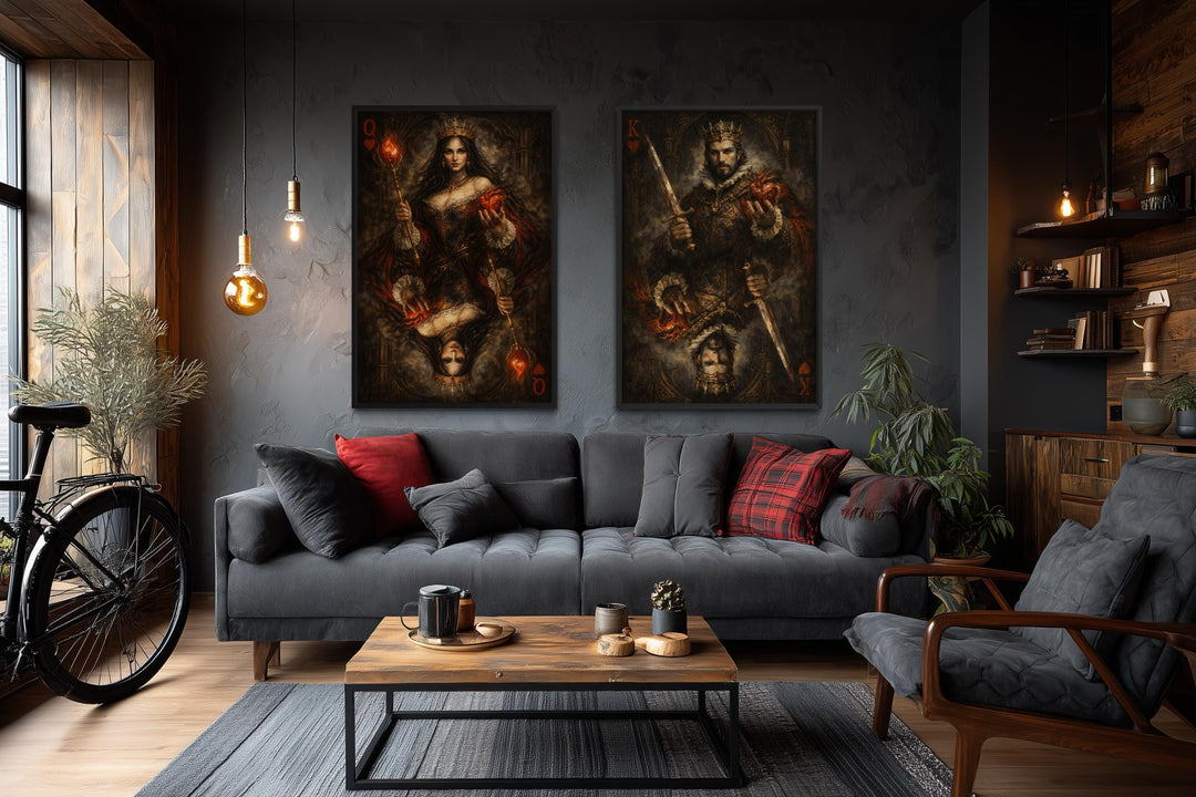 Gothic King and Queen of Hearts wall art set of two displayed above a dark gray sofa.