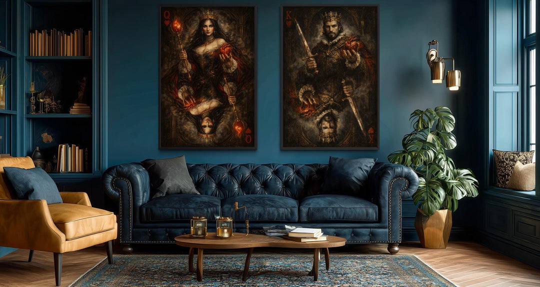 Gothic King and Queen of Hearts wall art set of two canvas prints in a dark blue living room.