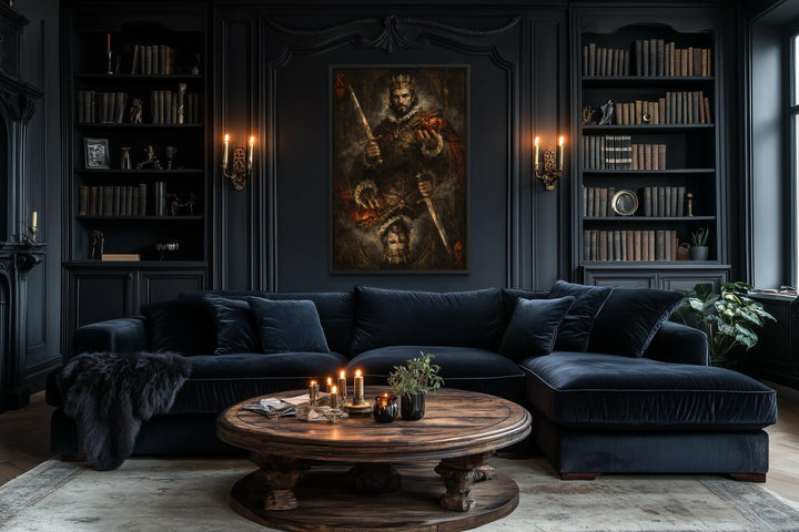 Gothic King of Hearts canvas print featuring a dark royal figure in a moody, ornate living room.