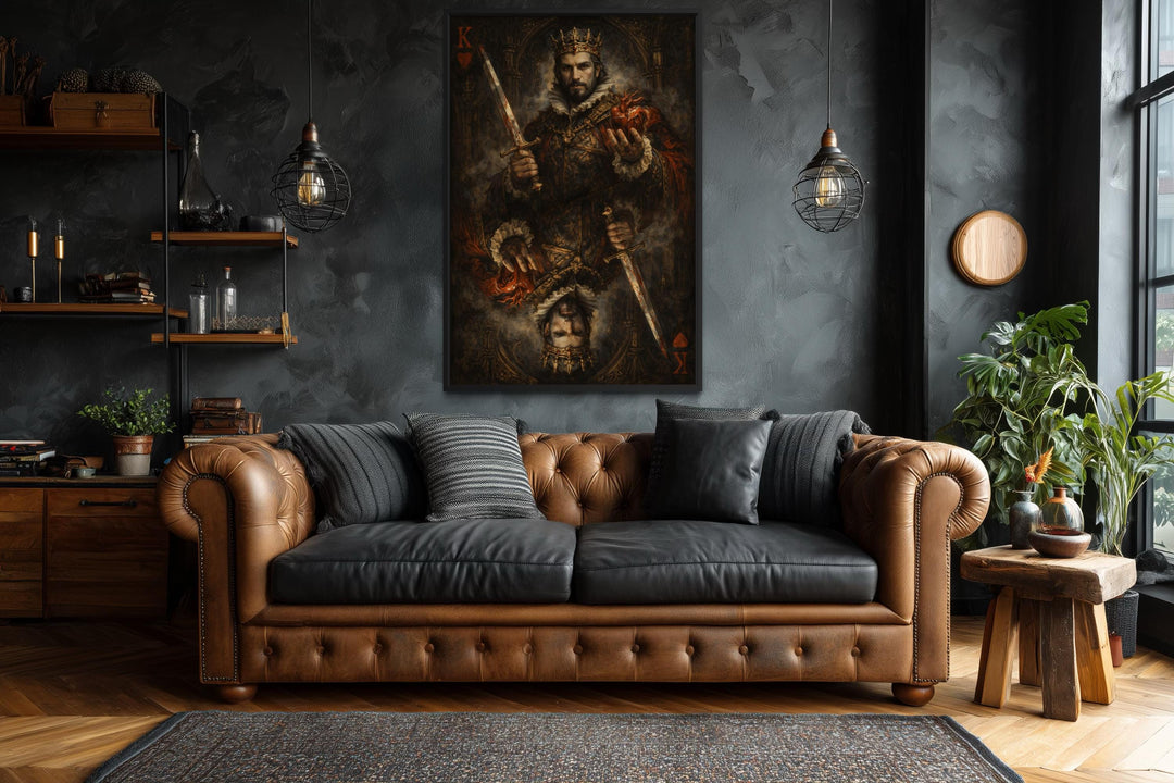 Gothic King of Hearts canvas print featuring a dark royal playing card design in a moody living room.