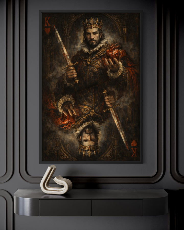 Gothic King of Hearts canvas print featuring a dark royal figure on a black paneled wall.
