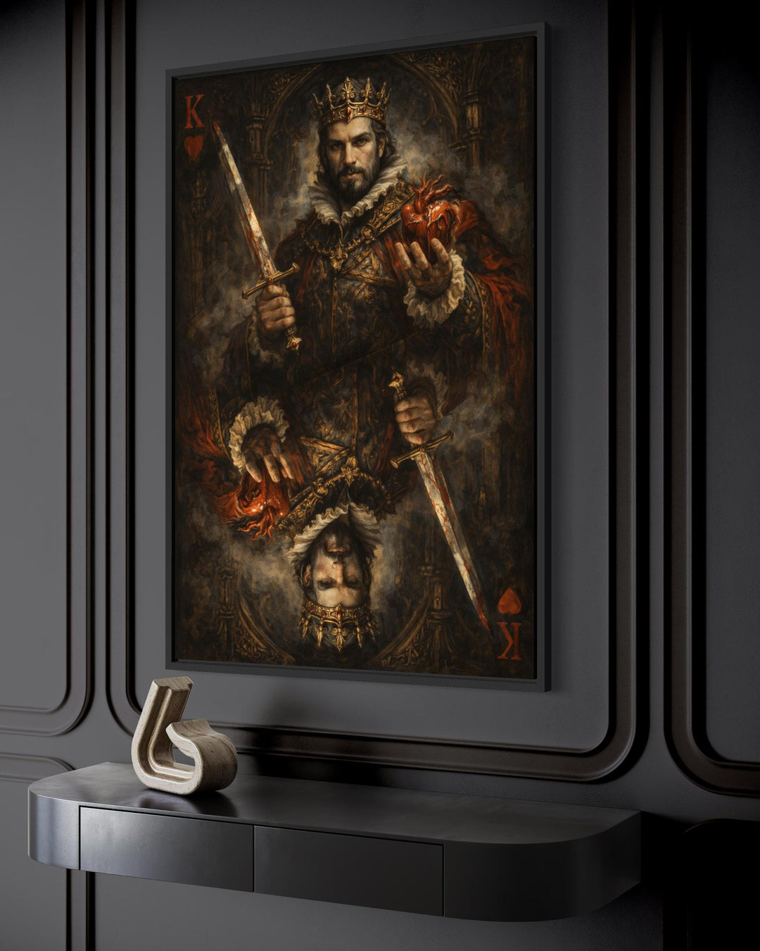 Gothic King of Hearts canvas print featuring a dark royal figure with a sword and heart.