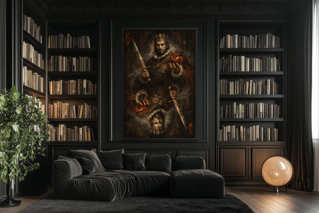 Gothic King of Hearts canvas print displayed in a dark, moody library with a black velvet sofa.