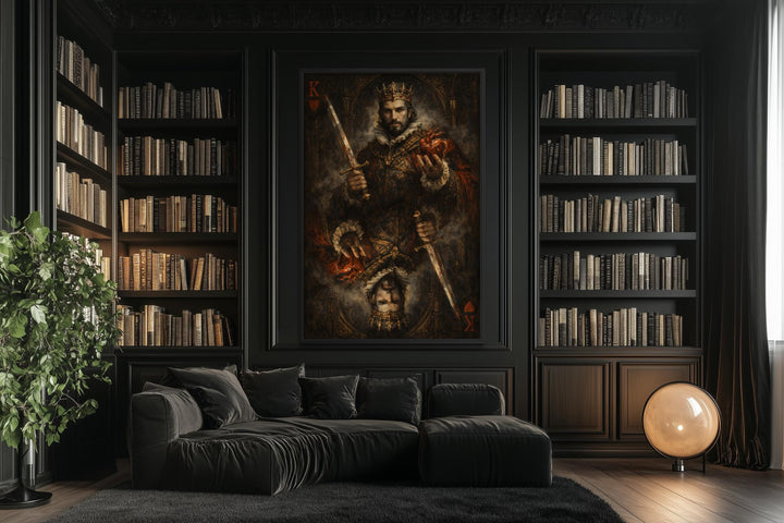 Gothic King of Hearts canvas print displayed in a dark, moody library with a black velvet sofa.