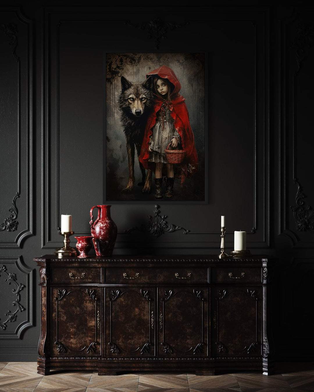 Gothic Little Red Riding Hood And Wolf Framed Canvas Wall Art