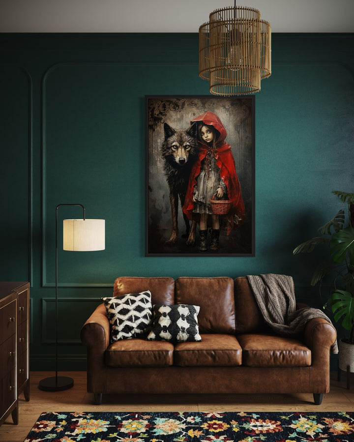 Gothic Little Red Riding Hood And Wolf Framed Canvas Wall Art