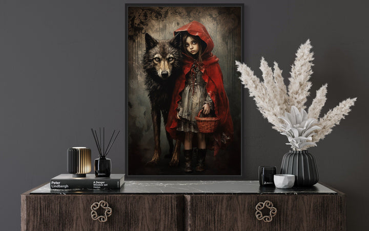 Gothic Little Red Riding Hood And Wolf Framed Canvas Wall Art