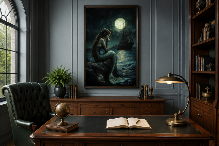 Gothic mermaid wall art in a dark study with a full moon and pirate ship in the background.