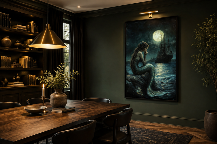 Gothic mermaid wall art in a dark room with a full moon and pirate ship on canvas.