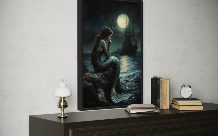 Gothic Mermaid - Dark Ocean Fantasy with Full Moon and Pirate Ship Wall Art