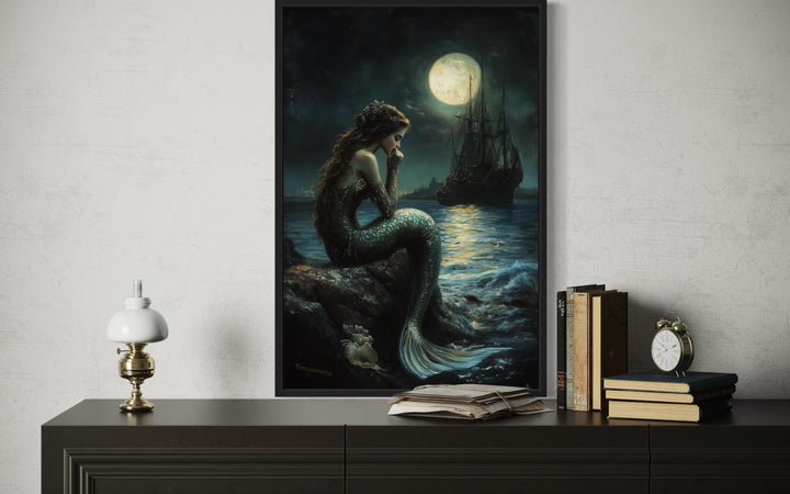 Gothic Mermaid - Dark Ocean Fantasy with Full Moon and Pirate Ship Wall Art