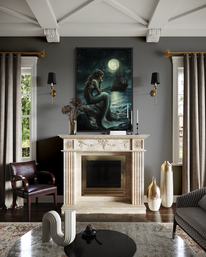 Gothic mermaid wall art above a fireplace featuring a dark ocean, full moon, and pirate ship.