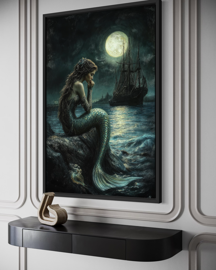 Gothic mermaid wall art on a rock under a full moon with a pirate ship in a dark ocean setting.