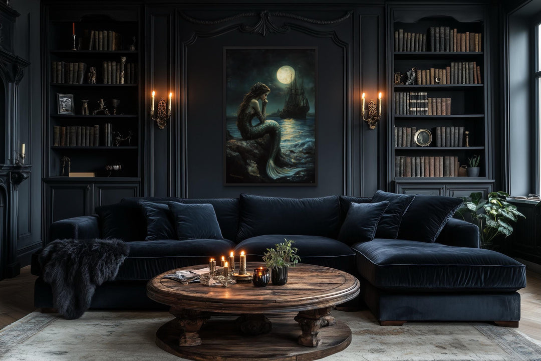 Gothic Mermaid - Dark Ocean Fantasy with Full Moon and Pirate Ship Wall Art