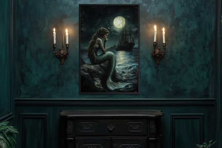 Gothic mermaid wall art featuring a dark ocean scene with a full moon and pirate ship.