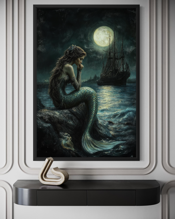 Gothic mermaid wall art featuring a dark ocean, full moon, and pirate ship in a black frame.
