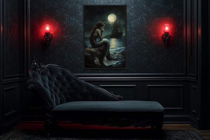 Gothic Mermaid - Dark Ocean Fantasy with Full Moon and Pirate Ship Wall Art