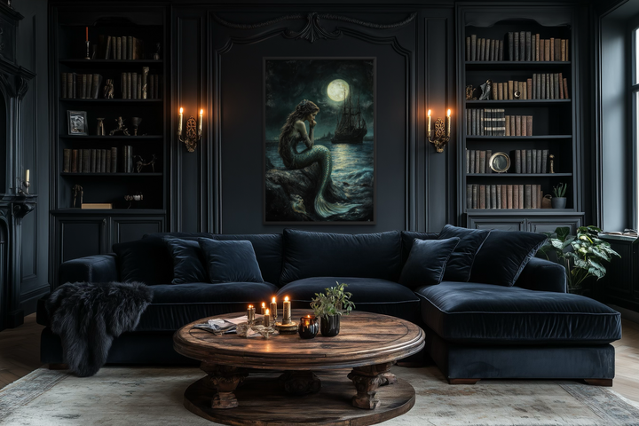 Gothic mermaid wall art featuring a dark ocean scene with a full moon and pirate ship.