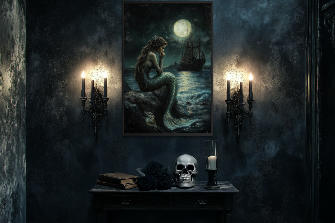 Gothic mermaid wall art featuring a dark ocean scene with a full moon and pirate ship.