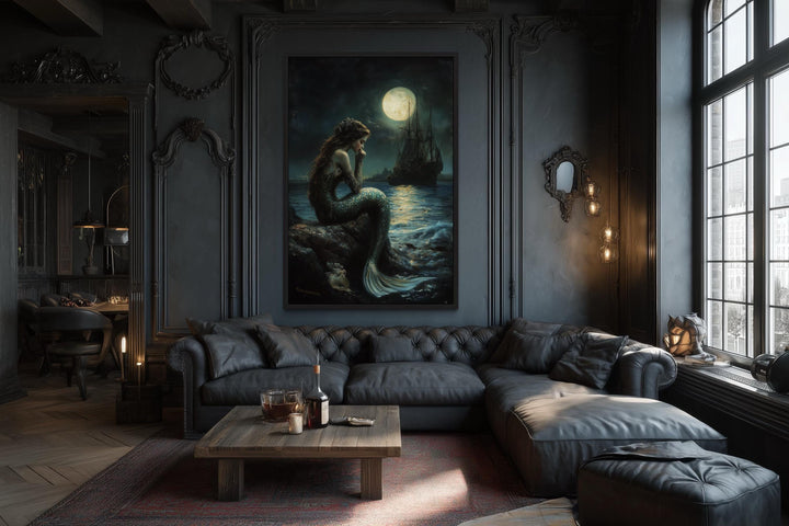 Gothic Mermaid - Dark Ocean Fantasy with Full Moon and Pirate Ship Wall Art
