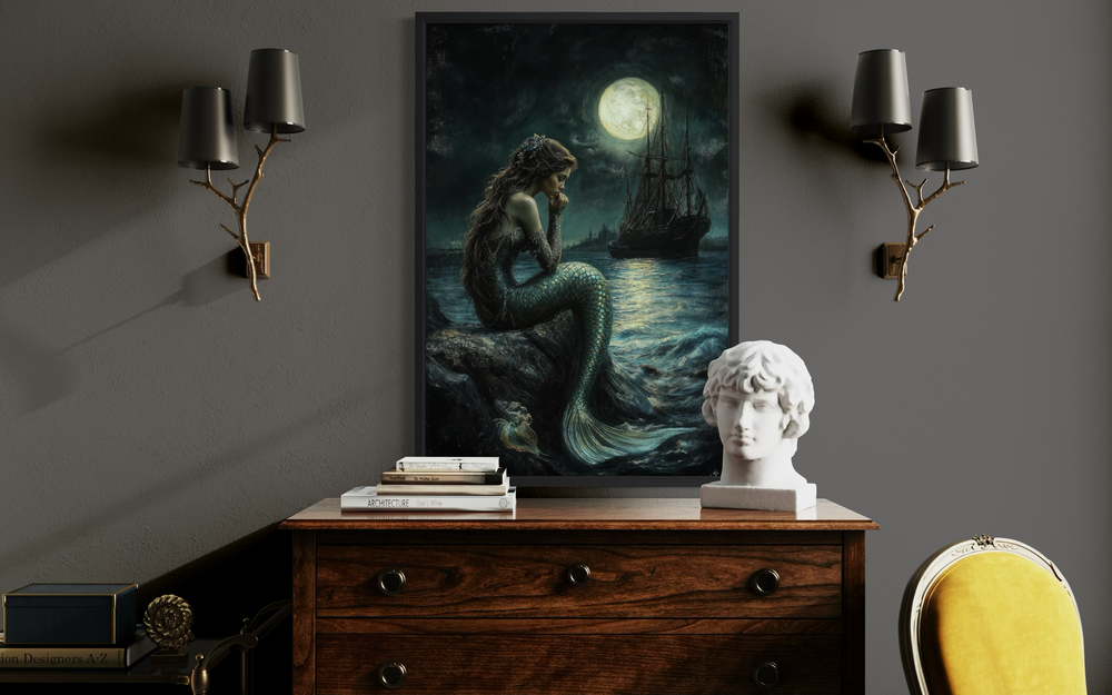 Gothic mermaid wall art featuring a dark ocean, full moon, and pirate ship above a wooden dresser.
