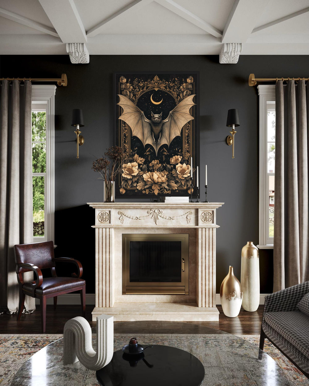 Gothic moonlit bat and flowers dark academia canvas wall art.