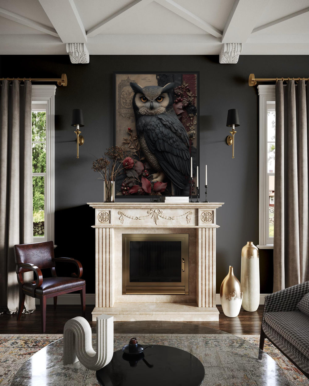 Gothic owl canvas wall art with dark florals above a marble fireplace in a moody room.