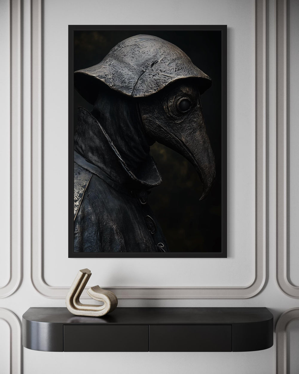 Gothic plague doctor canvas wall art with a dark, textured robe and mask.