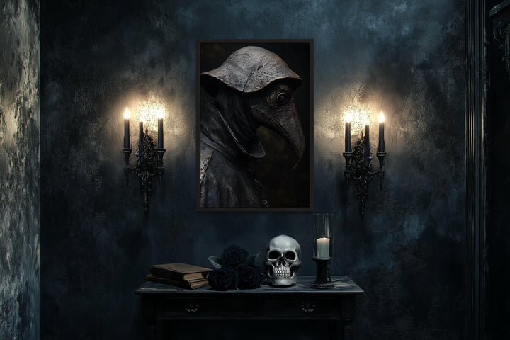 Gothic plague doctor canvas wall art with a dark, moody aesthetic.