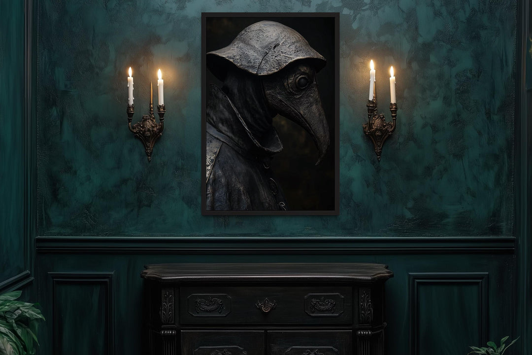 Gothic plague doctor canvas wall art with a dark, textured aesthetic.