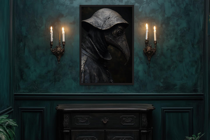 Gothic plague doctor canvas wall art with a dark, textured aesthetic.