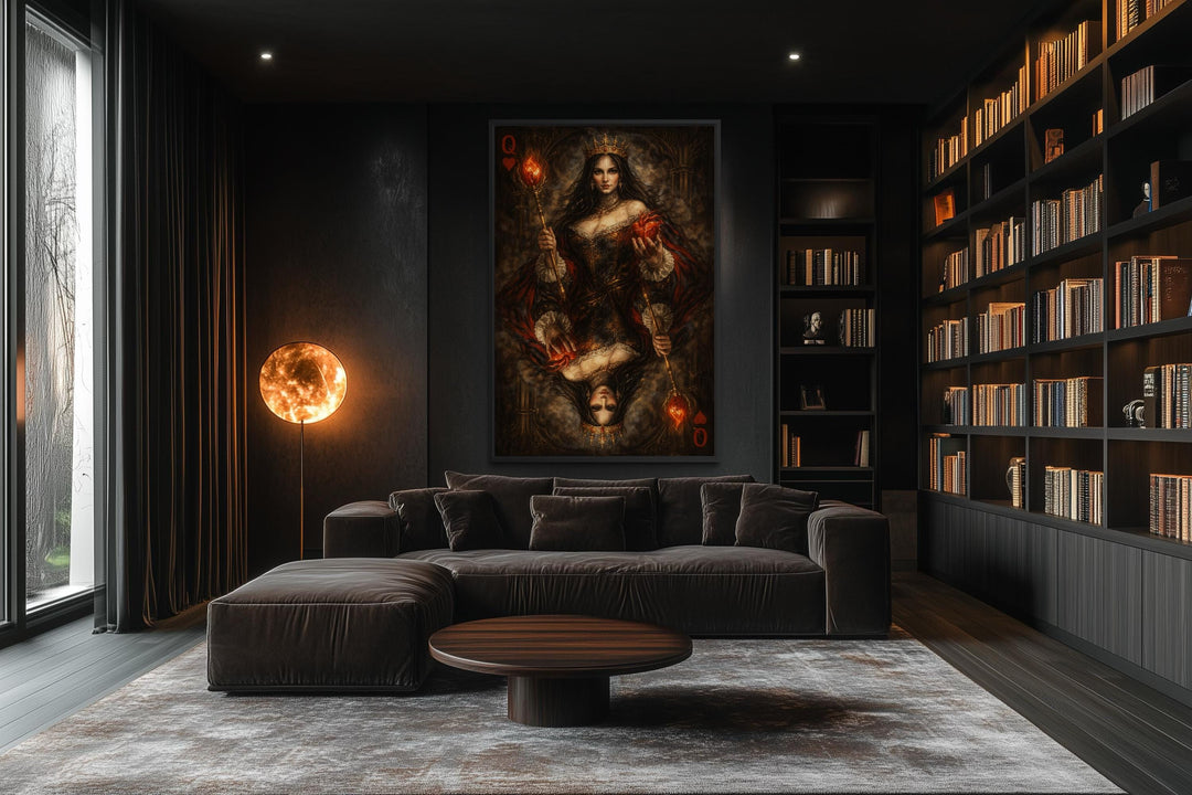 Gothic Queen of Hearts canvas print displayed in a dark, modern living room with a library wall.
