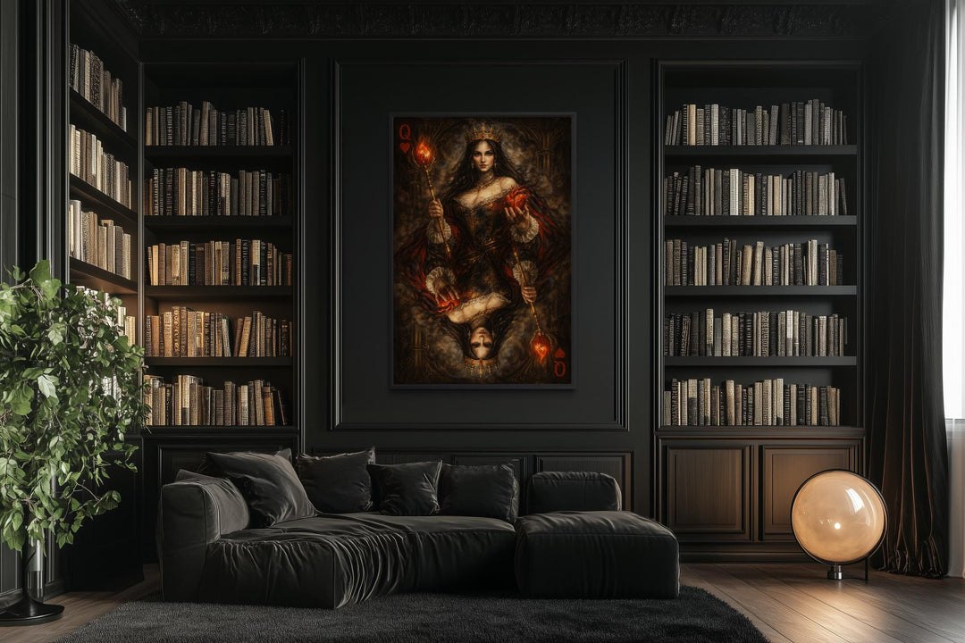 Gothic Queen of Hearts canvas print displayed in a dark, moody library with black built-in shelves.