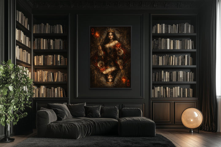 Gothic Queen of Hearts canvas print displayed in a dark, moody library with black built-in shelves.