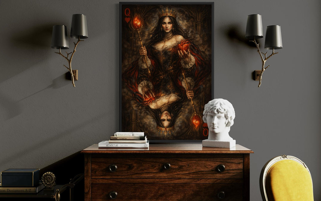 Gothic Queen of Hearts canvas print in a dark, ornate frame above a vintage wooden dresser.