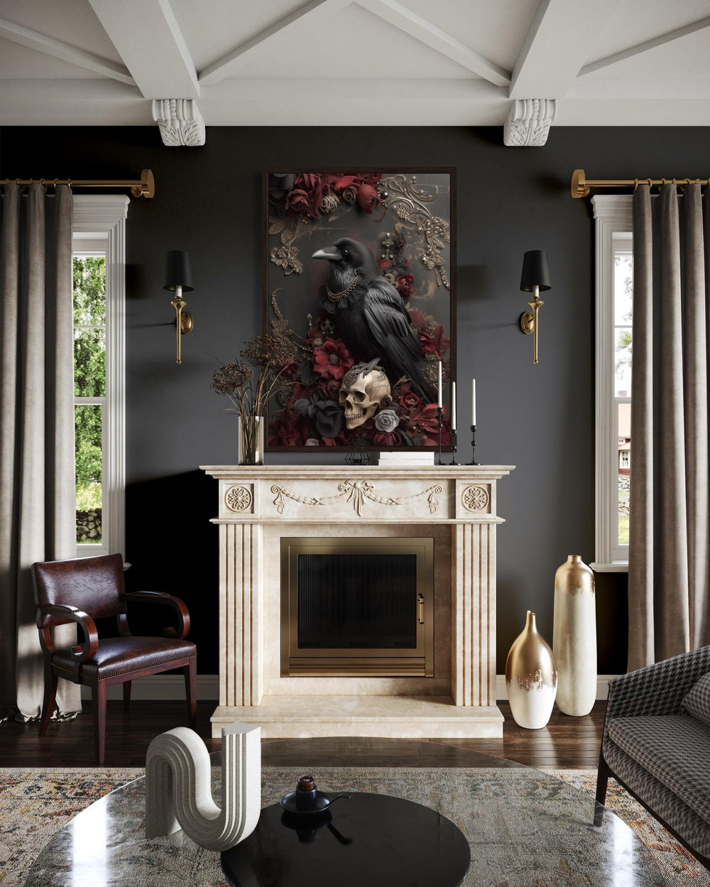 Gothic Raven with Skull and Red Flowers canvas wall art hanging above a marble fireplace.