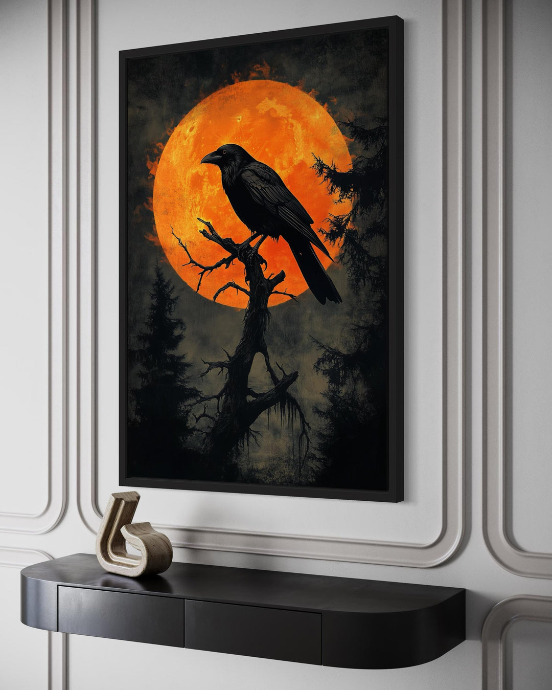 Gothic Raven on Twisted Tree with Orange Blood Moon Canvas Wall Art