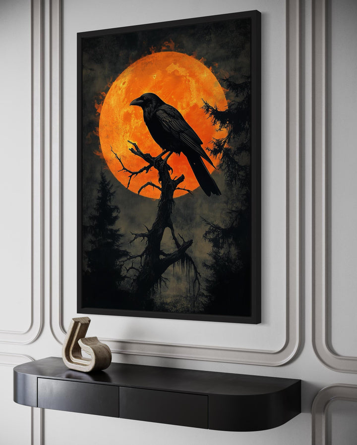 Gothic Raven on Twisted Tree with Orange Blood Moon Canvas Wall Art