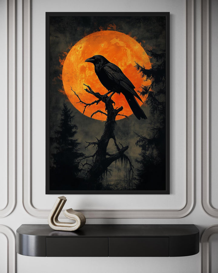 Gothic Raven on Twisted Tree with Orange Blood Moon Canvas Wall Art