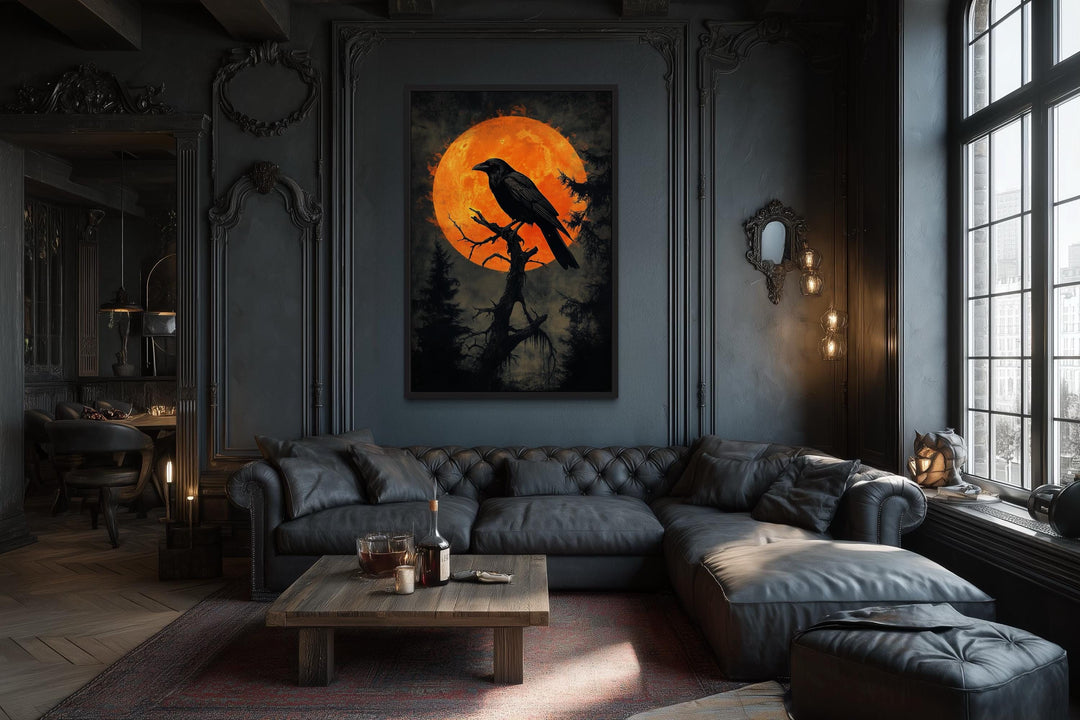 Gothic Raven on Twisted Tree with Orange Blood Moon Canvas Wall Art