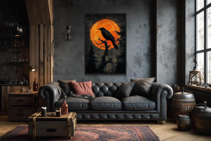 Gothic Raven on Twisted Tree with Orange Blood Moon Canvas Wall Art