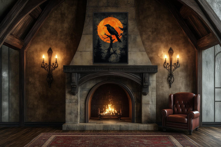 Gothic Raven on Twisted Tree with Orange Blood Moon Canvas Wall Art