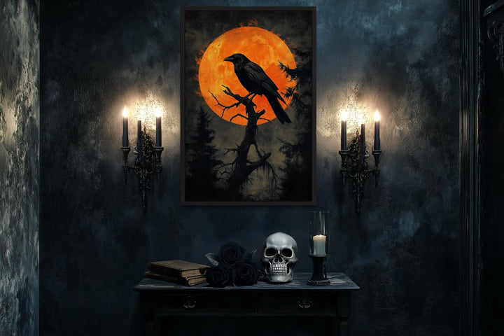 Gothic Raven on Twisted Tree with Orange Blood Moon Canvas Wall Art