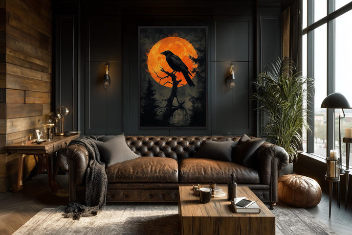Gothic Raven on Twisted Tree with Orange Blood Moon Canvas Wall Art