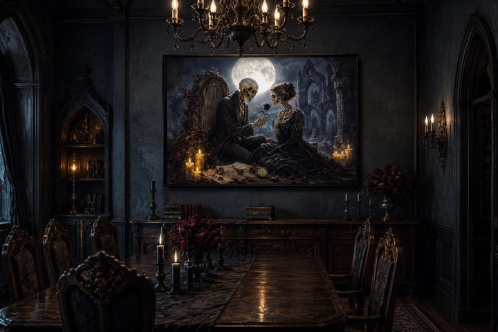 Gothic skeleton couple canvas art in a dark dining room with a chandelier and candlelight.
