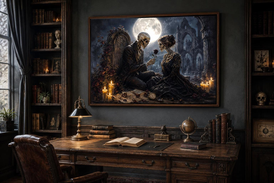 Gothic skeleton couple canvas art in a dark academia study with a vintage desk and bookshelves.