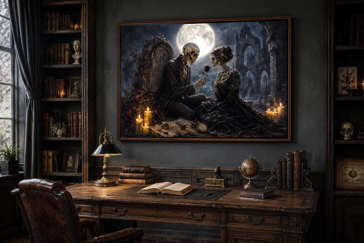Gothic skeleton couple canvas art in a dark academia study with a vintage desk and bookshelves.